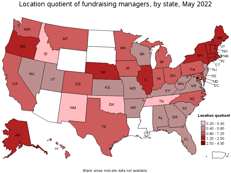 Map of location quotient of fundraising managers by state, May 2022