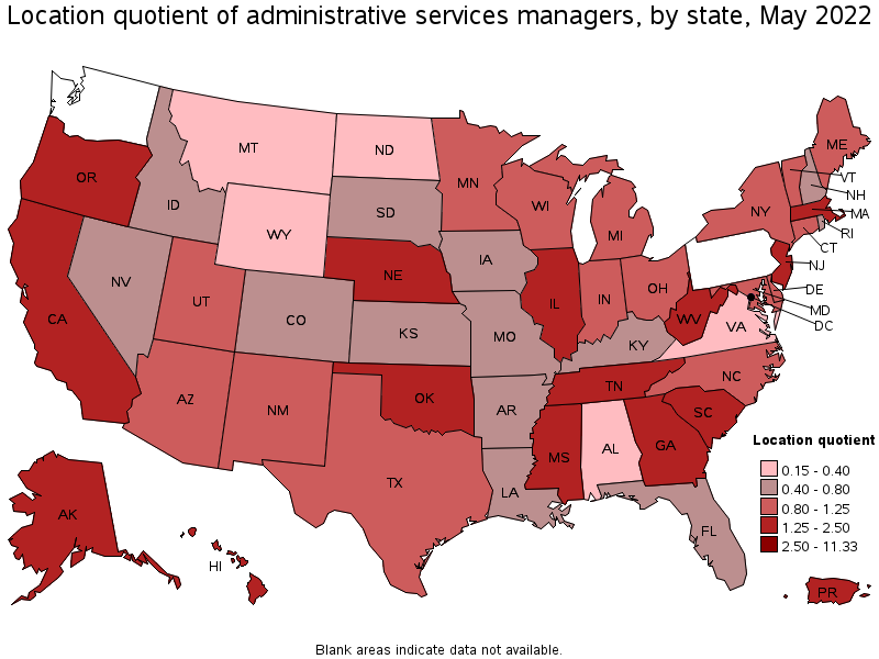 Map of location quotient of administrative services managers by state, May 2022