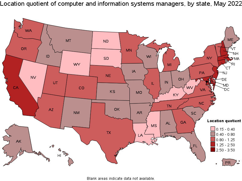 Map of location quotient of computer and information systems managers by state, May 2022