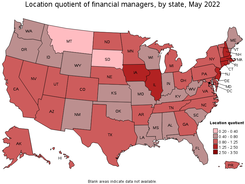 Map of location quotient of financial managers by state, May 2022