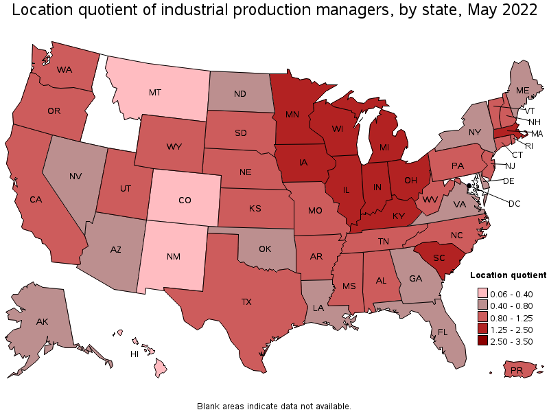 Map of location quotient of industrial production managers by state, May 2022
