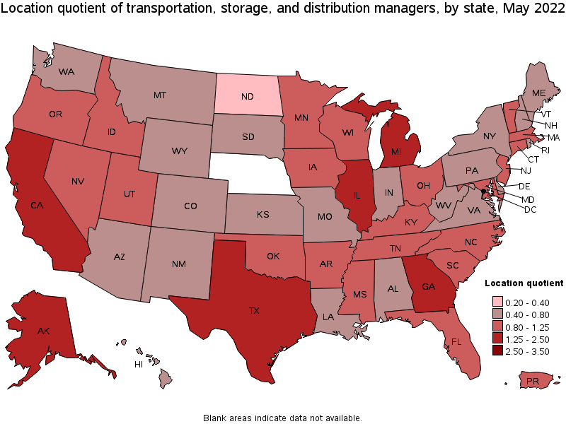Map of location quotient of transportation, storage, and distribution managers by state, May 2022