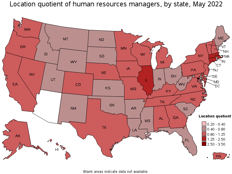Map of location quotient of human resources managers by state, May 2022