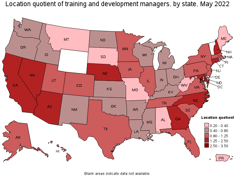 Map of location quotient of training and development managers by state, May 2022