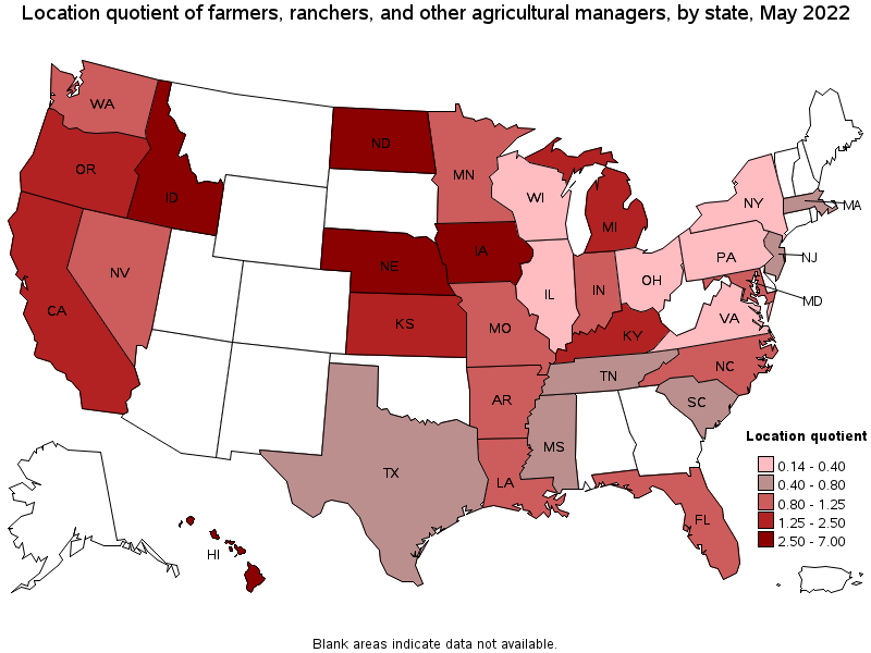 Map of location quotient of farmers, ranchers, and other agricultural managers by state, May 2022