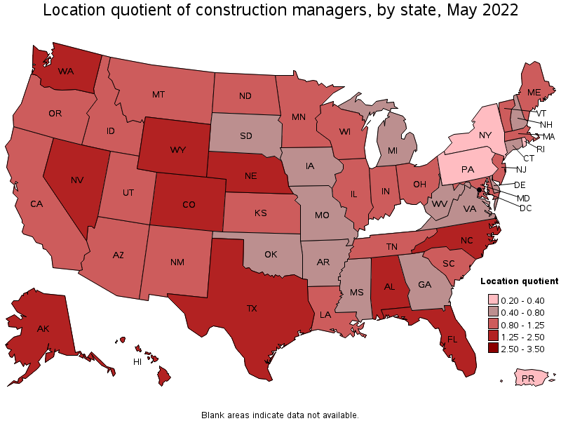 Map of location quotient of construction managers by state, May 2022