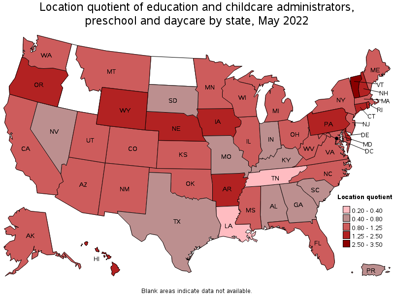 Map of location quotient of education and childcare administrators, preschool and daycare by state, May 2022