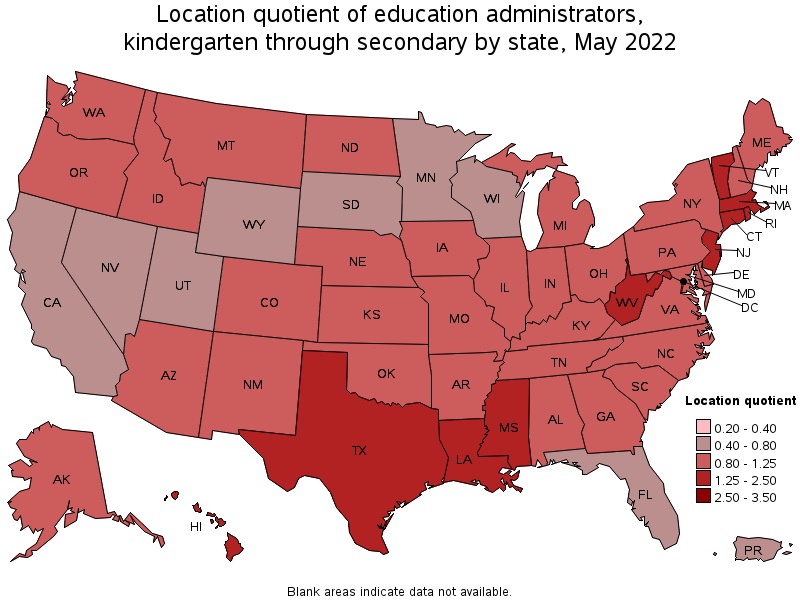 Map of location quotient of education administrators, kindergarten through secondary by state, May 2022