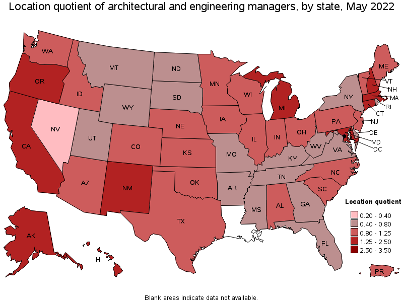 Map of location quotient of architectural and engineering managers by state, May 2022