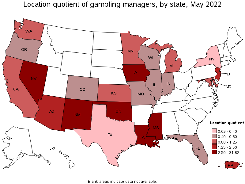 Map of location quotient of gambling managers by state, May 2022