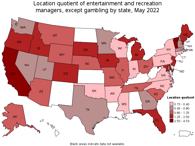 Map of location quotient of entertainment and recreation managers, except gambling by state, May 2022