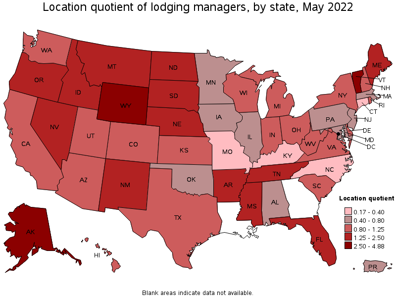 Map of location quotient of lodging managers by state, May 2022