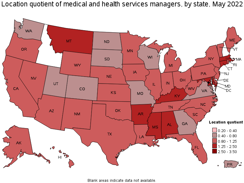 Map of location quotient of medical and health services managers by state, May 2022