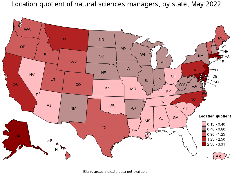 Map of location quotient of natural sciences managers by state, May 2022