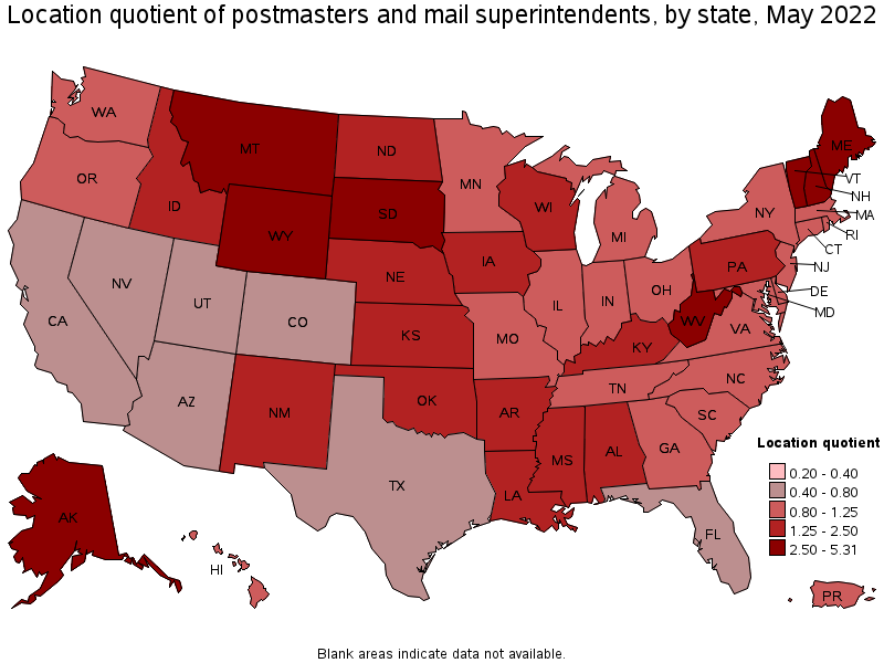 Map of location quotient of postmasters and mail superintendents by state, May 2022