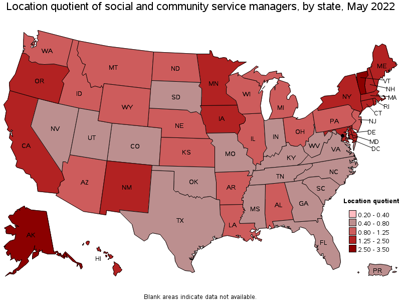 Map of location quotient of social and community service managers by state, May 2022