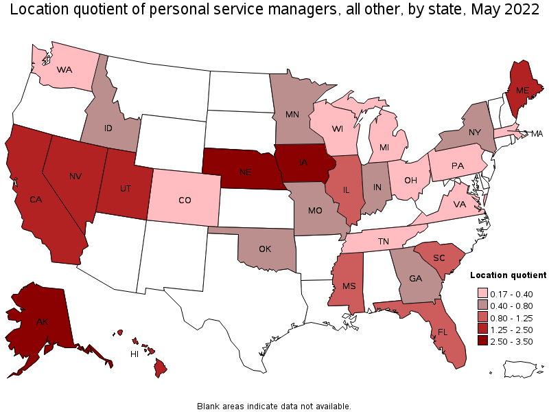 Map of location quotient of personal service managers, all other by state, May 2022