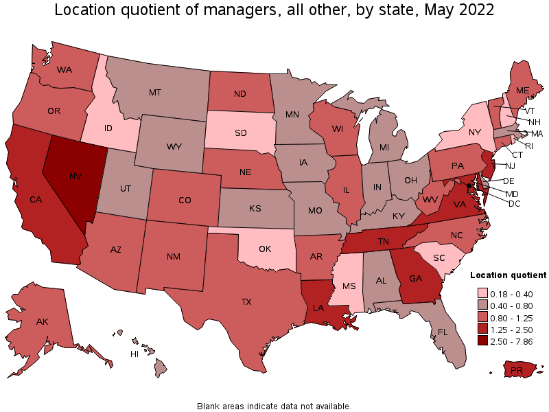 Map of location quotient of managers, all other by state, May 2022