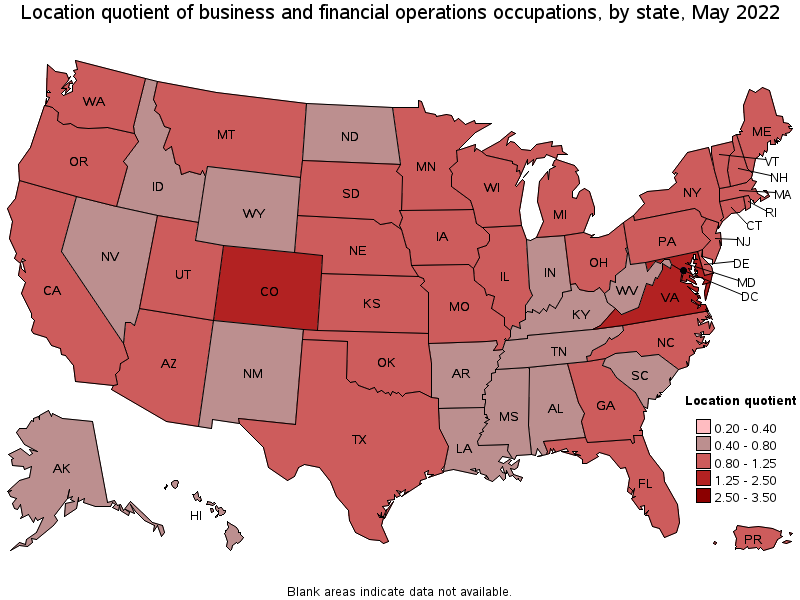 Map of location quotient of business and financial operations occupations by state, May 2022