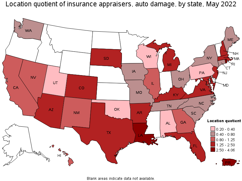 Map of location quotient of insurance appraisers, auto damage by state, May 2022