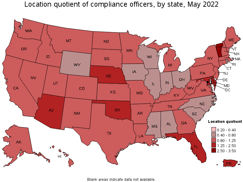 Map of location quotient of compliance officers by state, May 2022