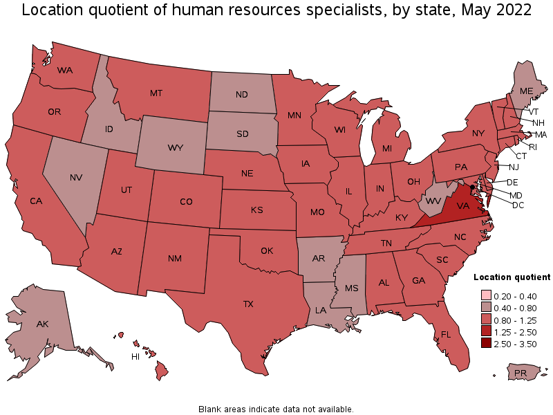 Map of location quotient of human resources specialists by state, May 2022