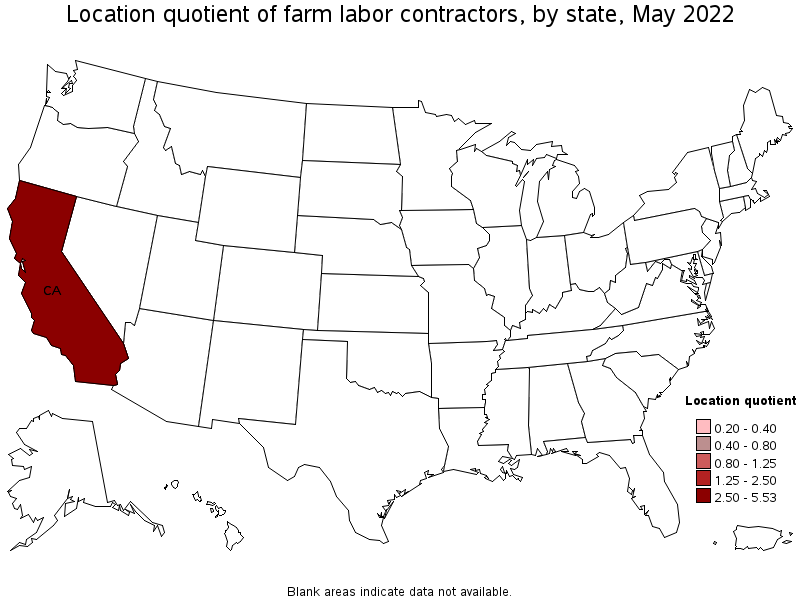 Map of location quotient of farm labor contractors by state, May 2022