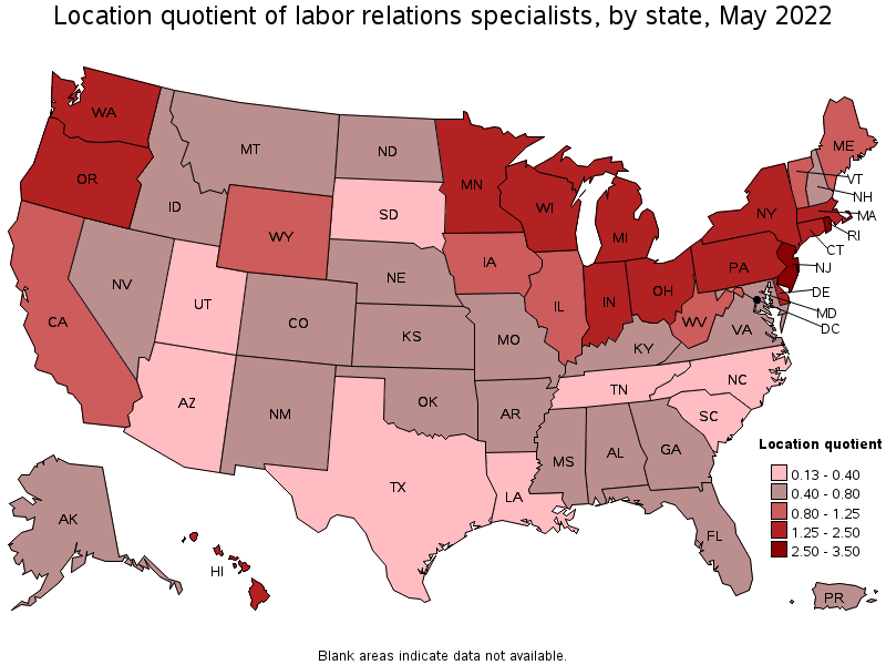 Map of location quotient of labor relations specialists by state, May 2022