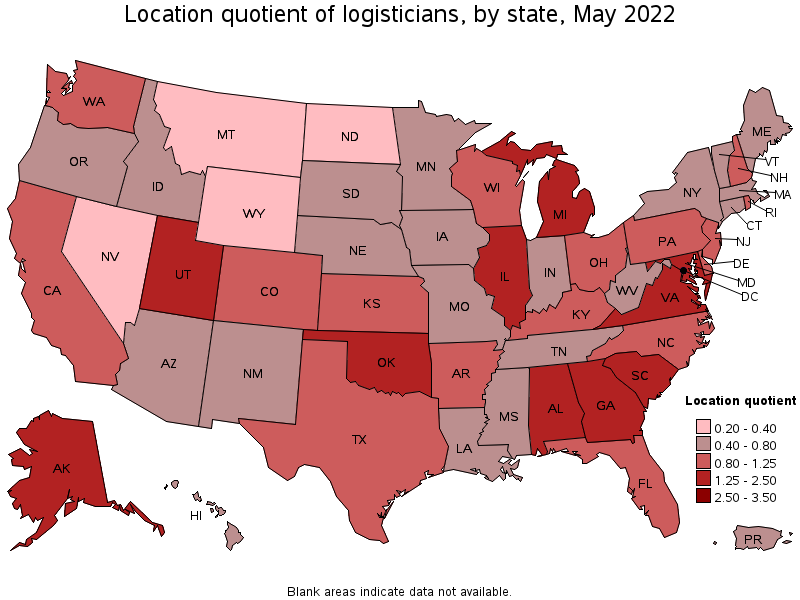 Map of location quotient of logisticians by state, May 2022
