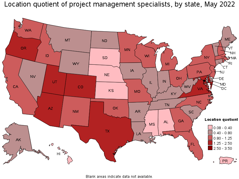 Map of location quotient of project management specialists by state, May 2022