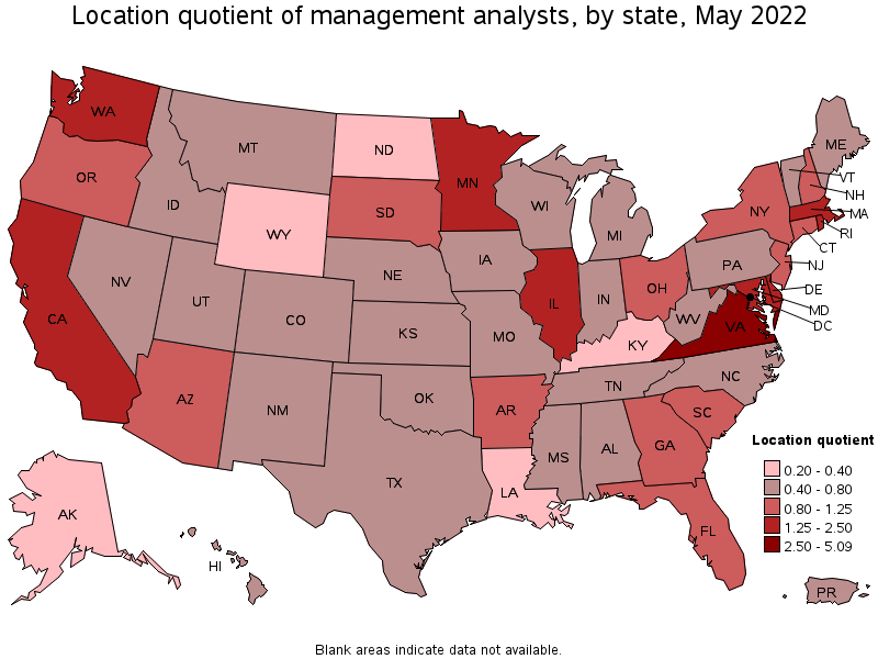 Map of location quotient of management analysts by state, May 2022