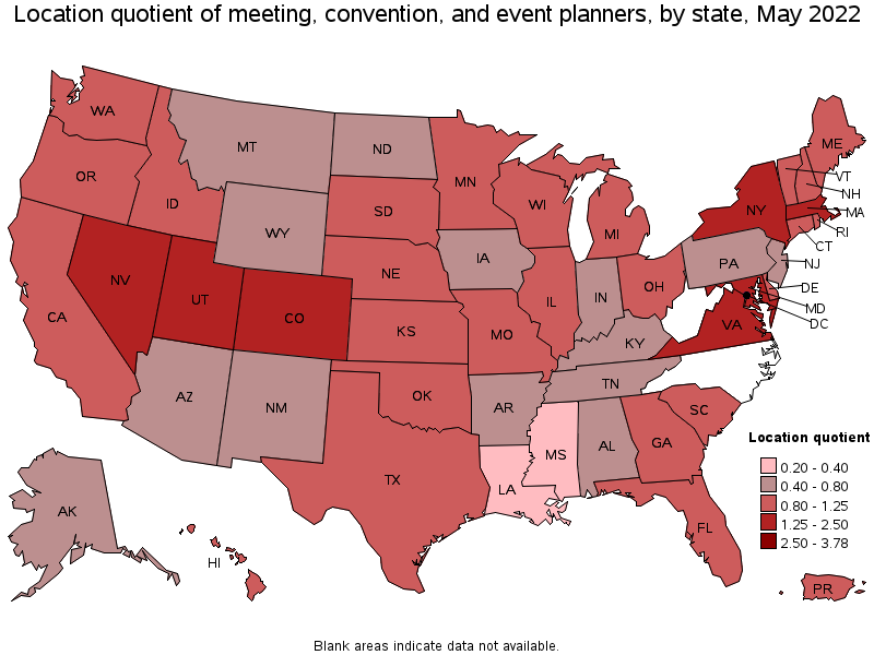 Map of location quotient of meeting, convention, and event planners by state, May 2022