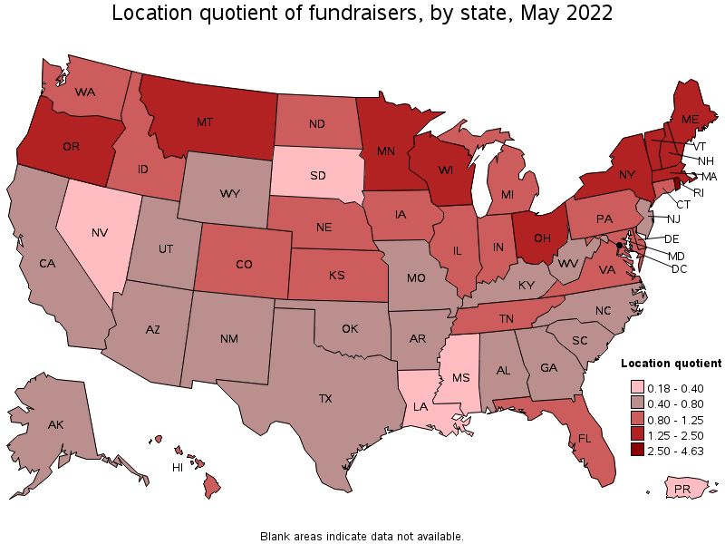 Map of location quotient of fundraisers by state, May 2022