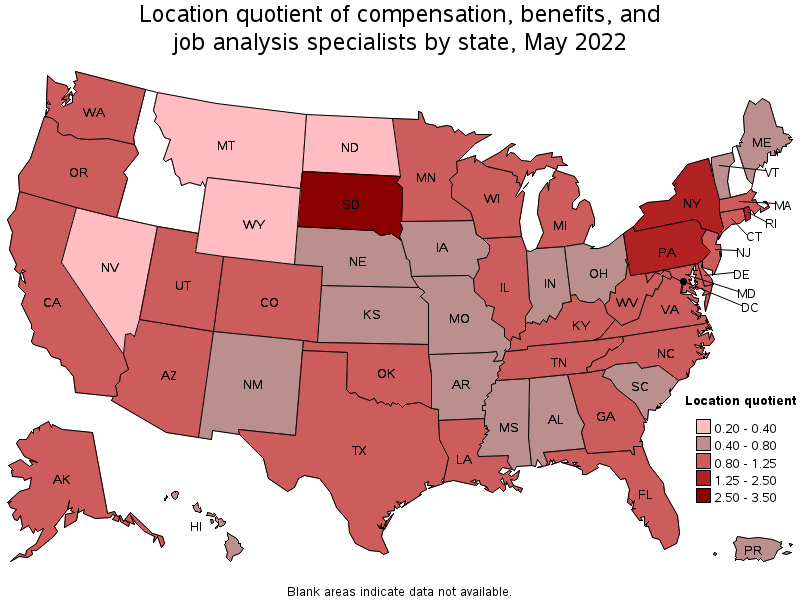 Map of location quotient of compensation, benefits, and job analysis specialists by state, May 2022