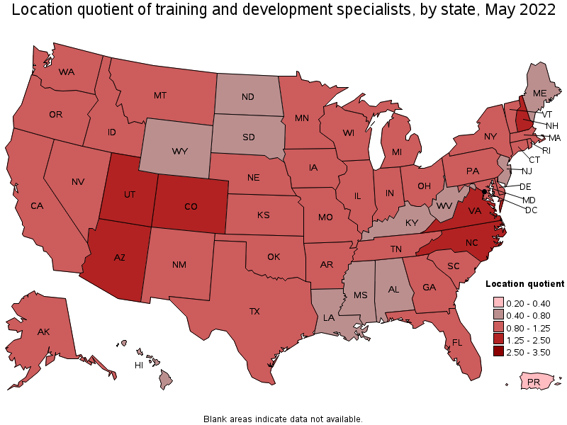 Map of location quotient of training and development specialists by state, May 2022