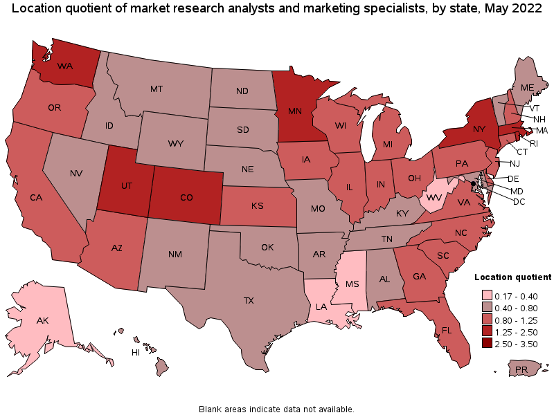 Map of location quotient of market research analysts and marketing specialists by state, May 2022