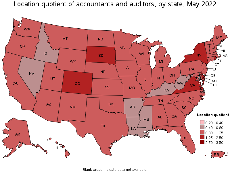 Map of location quotient of accountants and auditors by state, May 2022