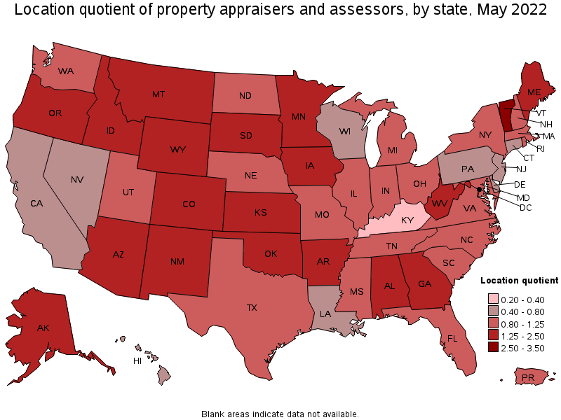 Map of location quotient of property appraisers and assessors by state, May 2022