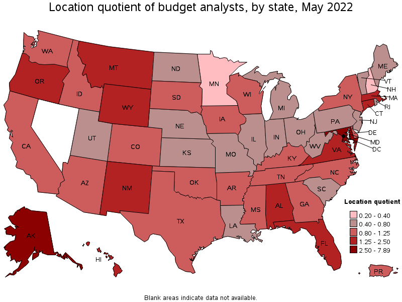 Map of location quotient of budget analysts by state, May 2022