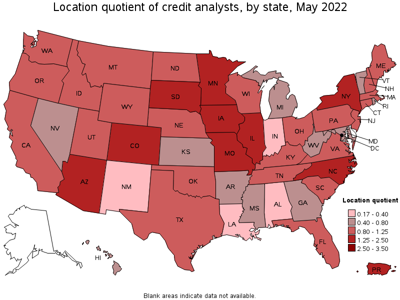 Map of location quotient of credit analysts by state, May 2022