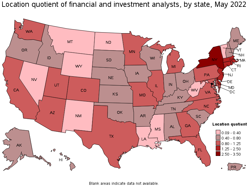 Map of location quotient of financial and investment analysts by state, May 2022