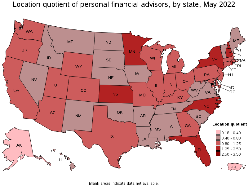Map of location quotient of personal financial advisors by state, May 2022