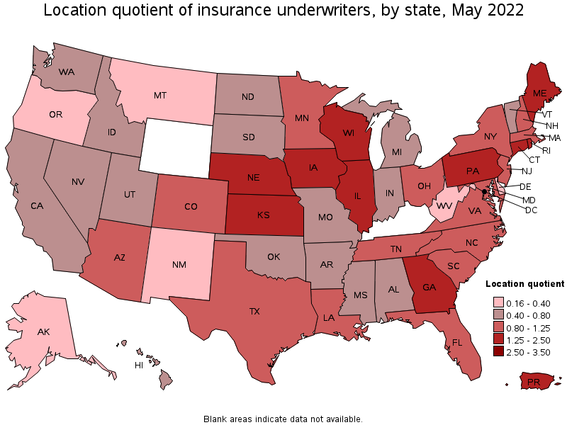 Map of location quotient of insurance underwriters by state, May 2022