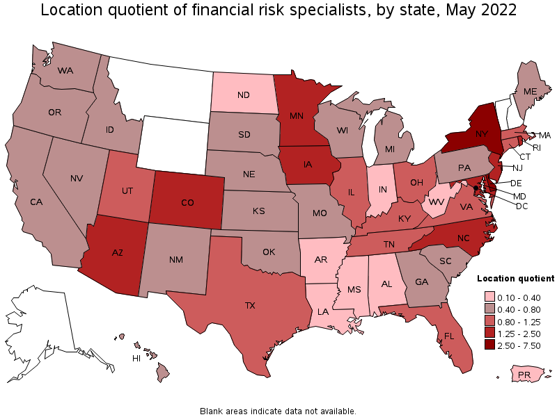 Map of location quotient of financial risk specialists by state, May 2022