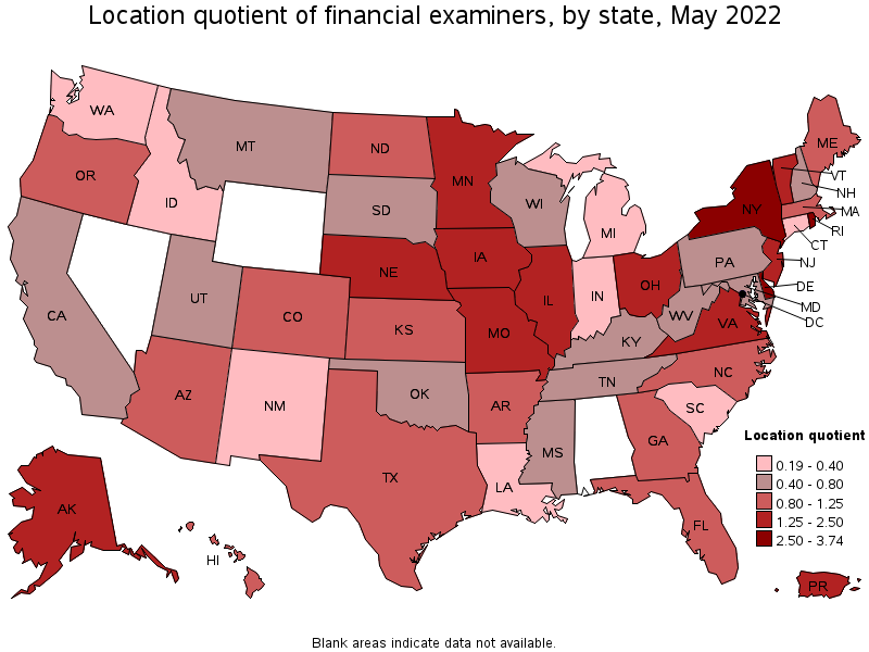 Map of location quotient of financial examiners by state, May 2022