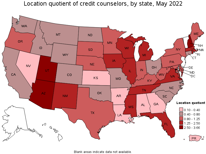 Map of location quotient of credit counselors by state, May 2022