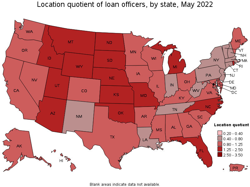 Map of location quotient of loan officers by state, May 2022