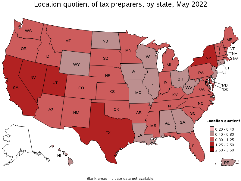 Map of location quotient of tax preparers by state, May 2022