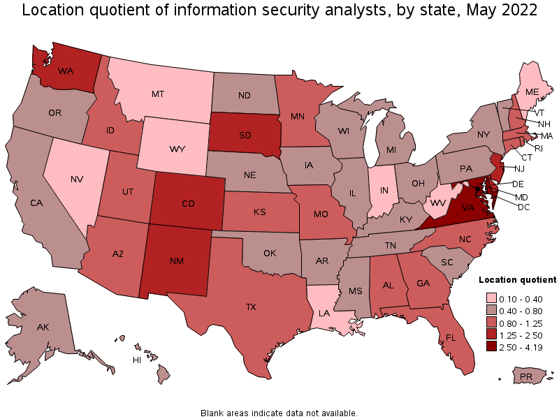 Map of location quotient of information security analysts by state, May 2022