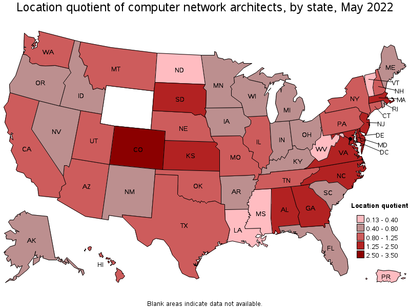 Map of location quotient of computer network architects by state, May 2022